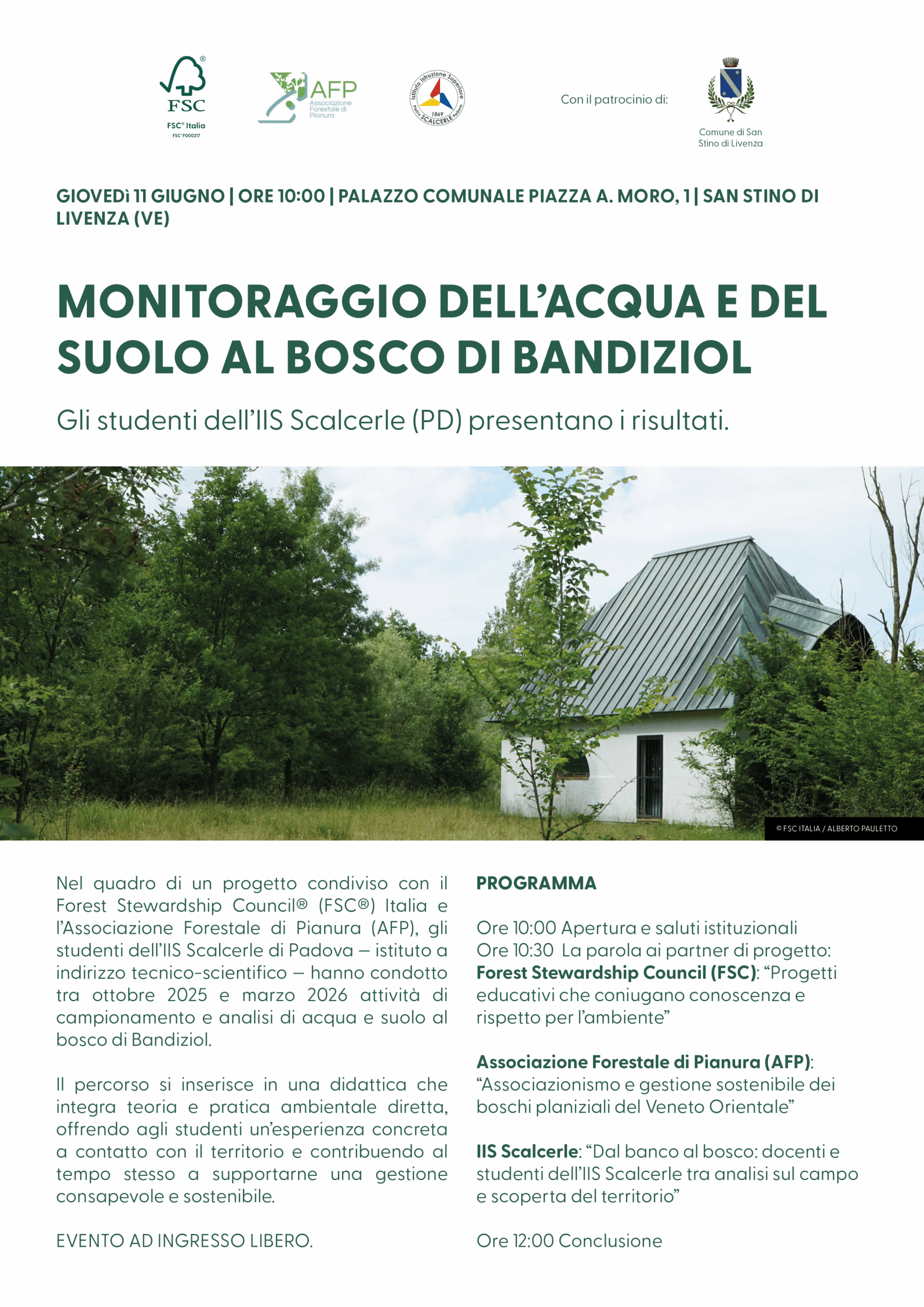 🌳 Dal banco al bosco: gli studenti dell’IIS Scalcerle (Padova) presentano i risultati del monitoraggio di acqua e suolo al Bosco di Bandiziol (VE)